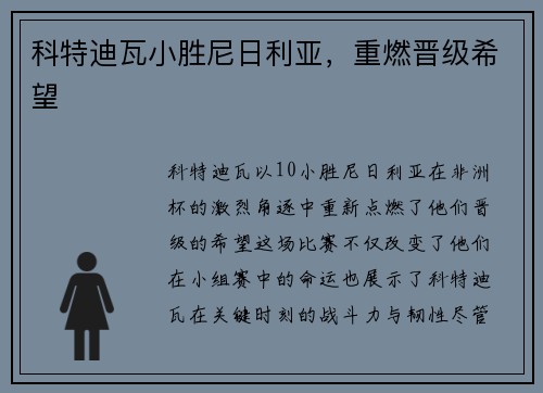 科特迪瓦小胜尼日利亚,重燃晋级希望 科特迪瓦小胜尼日利亚,重燃晋级希望