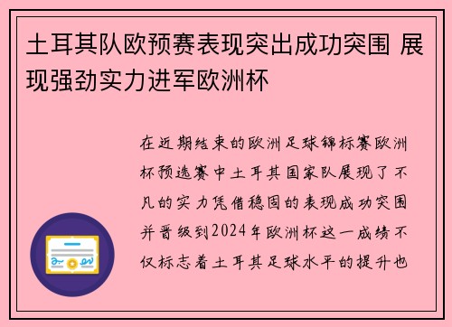 土耳其队欧预赛表现突出成功突围 展现强劲实力进军欧洲杯