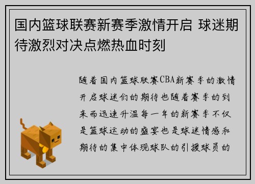 国内篮球联赛新赛季激情开启 球迷期待激烈对决点燃热血时刻