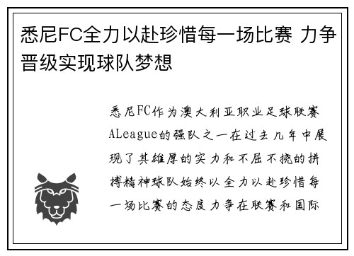 悉尼FC全力以赴珍惜每一场比赛 力争晋级实现球队梦想 悉尼FC全力以赴珍惜每一场比赛 力争晋级实现球队梦想